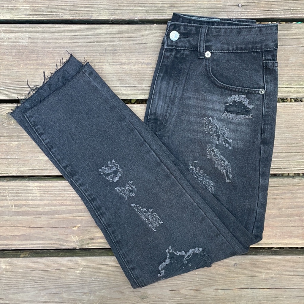 High-Rise Distressed Straight Leg Jeans
